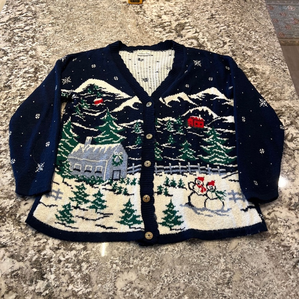 Vintage 1990s Willow Bay Winter Cabin Snowman Cardigan Sweater Blue XL